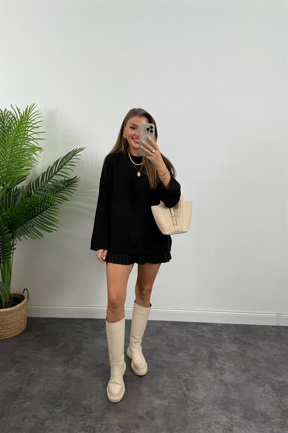 Lüx Kalite Klasik Kumaş Pliseli Etek Siyah