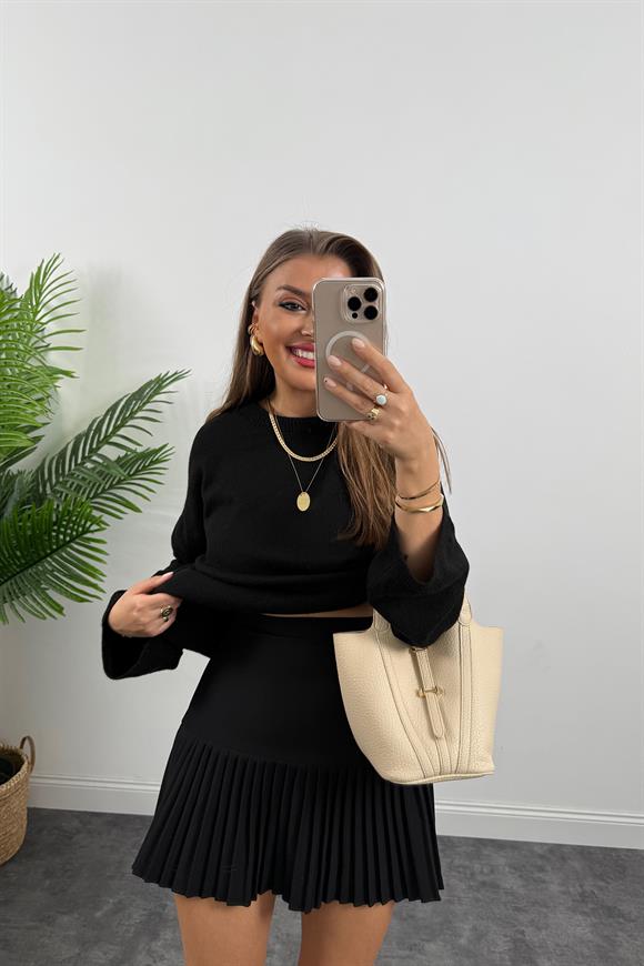 Lüx Kalite Klasik Kumaş Pliseli Etek Siyah