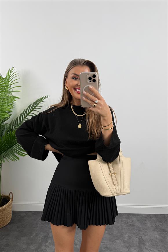 Lüx Kalite Klasik Kumaş Pliseli Etek Siyah