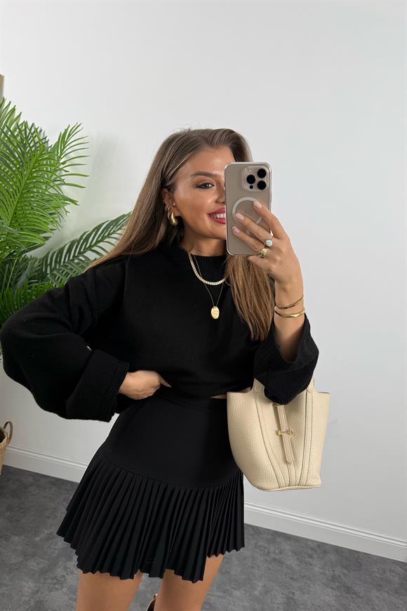 Lüx Kalite Klasik Kumaş Pliseli Etek Siyah