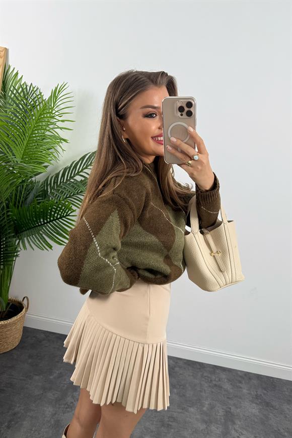 Lüx Kalite Klasik Kumaş Pliseli Etek Taş