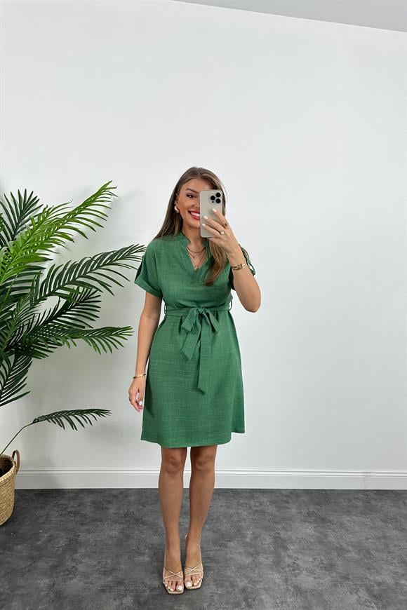 Lüx Kalite Kolları Apoletli Kuşaklı Basic Keten Elbise Yeşil