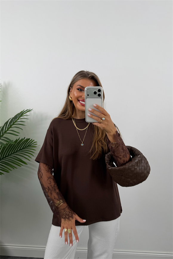 Lüx Kalite Kolu Dantelli Oysh Kumaş Bluz Acı Kahve