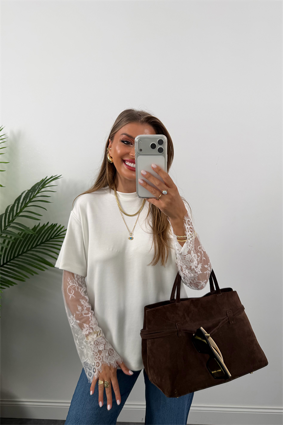 Lüx Kalite Kolu Dantelli Oysh Kumaş Bluz Ekru