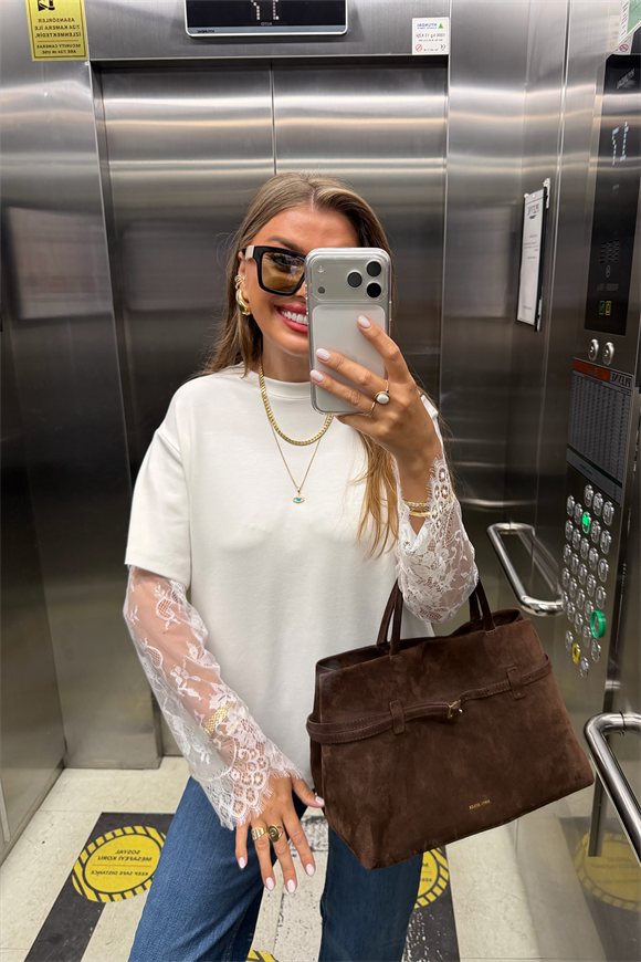 Lüx Kalite Kolu Dantelli Oysh Kumaş Bluz Ekru