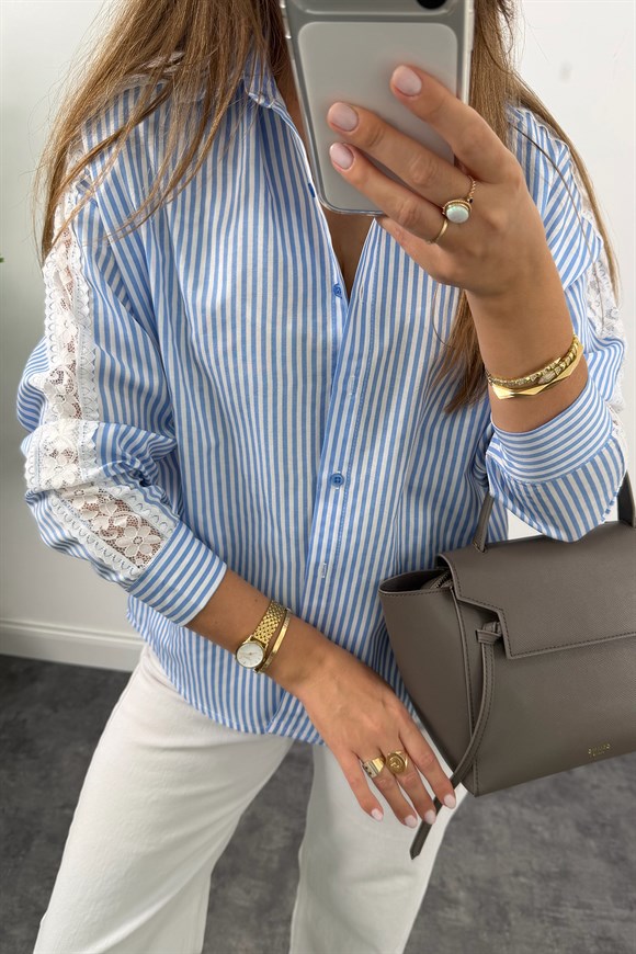 Lüx Kalite Kolu Dantelli Tasarım Gömlek Mavi Beyaz Çizgili