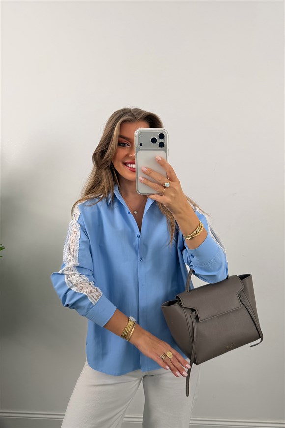 Lüx Kalite Kolu Dantelli Tasarım Gömlek Mavi