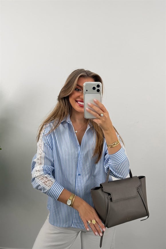 Lüx Kalite Kolu Dantelli Tasarım Gömlek Mavi Beyaz Çizgili