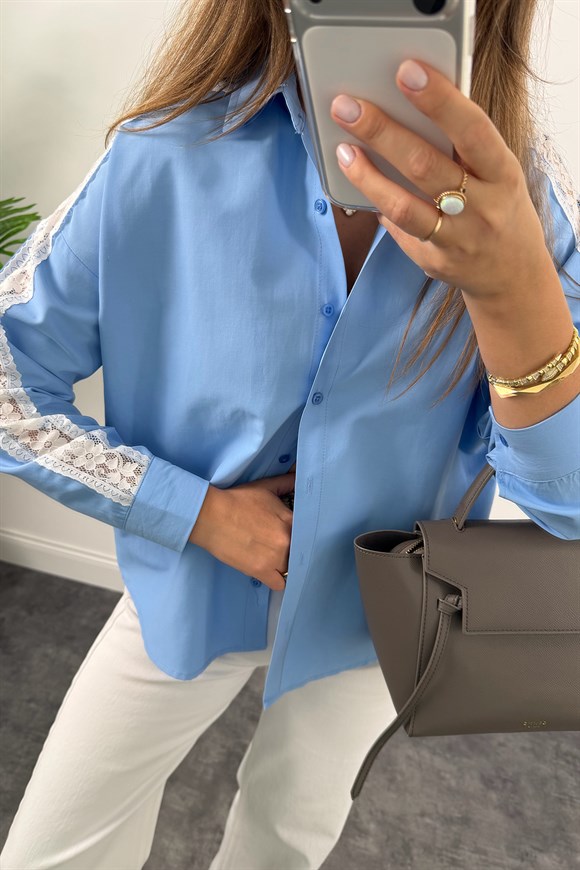 Lüx Kalite Kolu Dantelli Tasarım Gömlek Mavi