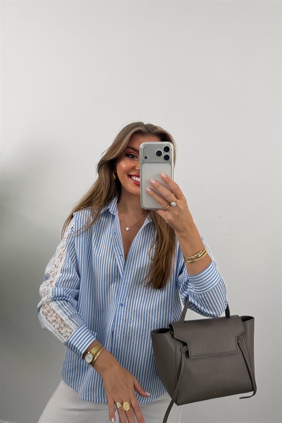 Lüx Kalite Kolu Dantelli Tasarım Gömlek Mavi Beyaz Çizgili