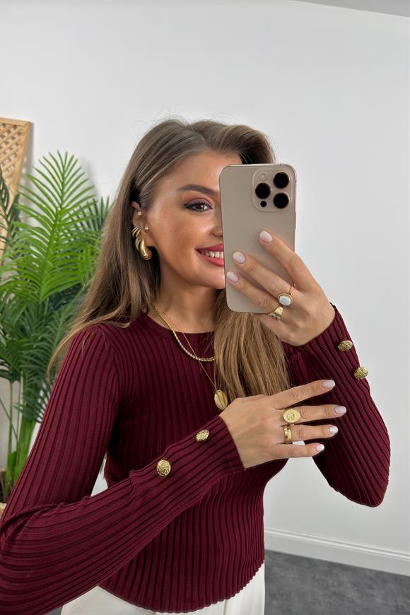 Lüx Kalite Kolu Gold Düğmeli Basic Triko Bordo