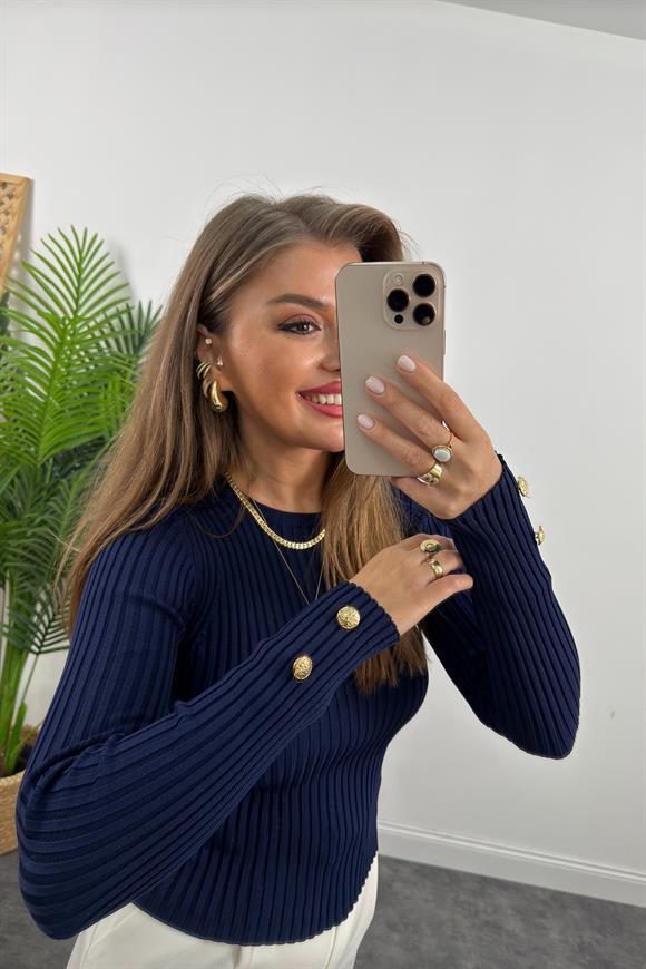 Lüx Kalite Kolu Gold Düğmeli Basic Triko Lacivert
