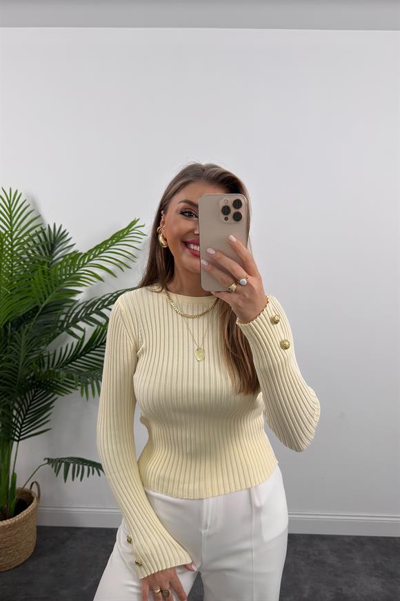 Lüx Kalite Kolu Gold Düğmeli Basic Triko Krem