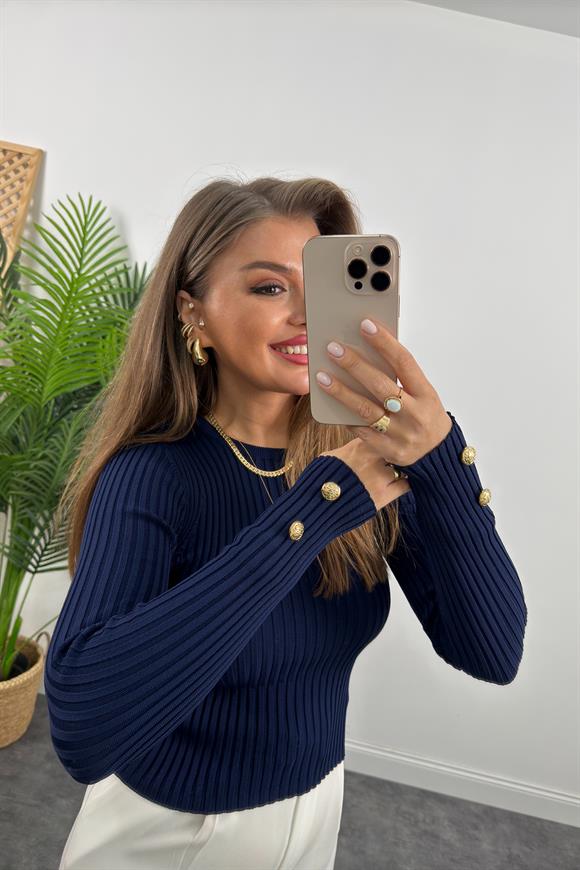Lüx Kalite Kolu Gold Düğmeli Basic Triko Lacivert
