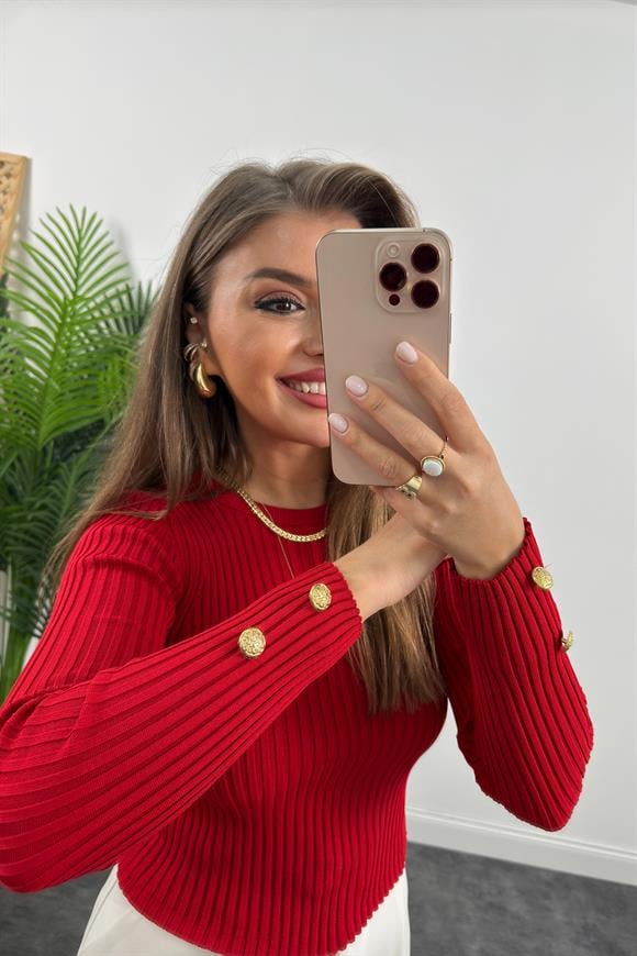 Lüx Kalite Kolu Gold Düğmeli Basic Triko Kırmızı