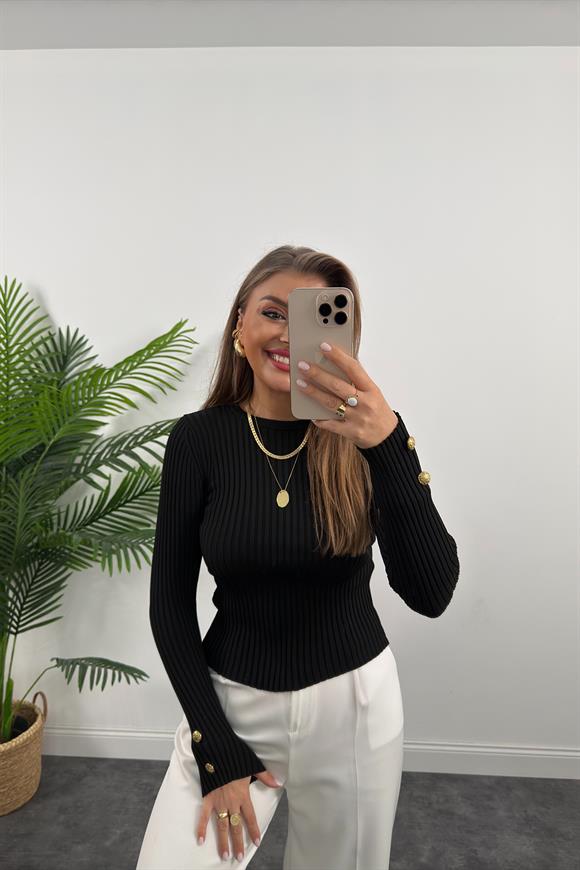 Lüx Kalite Kolu Gold Düğmeli Basic Triko Siyah