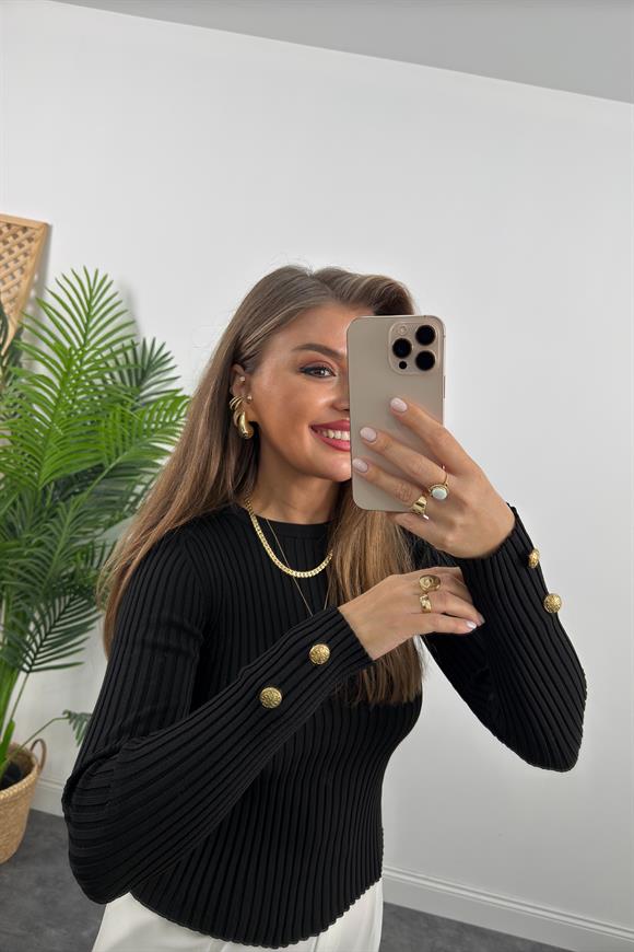Lüx Kalite Kolu Gold Düğmeli Basic Triko Siyah