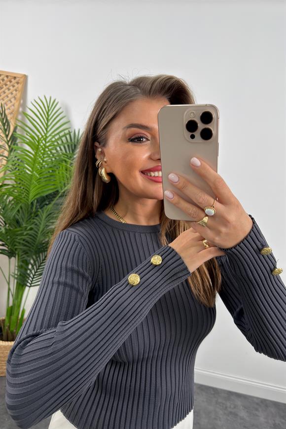 Lüx Kalite Kolu Gold Düğmeli Basic Triko Antrasit