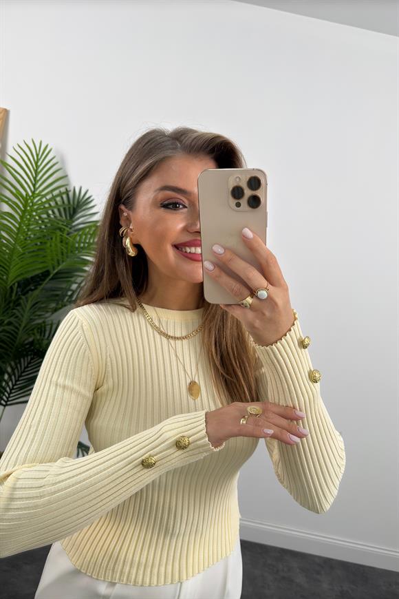 Lüx Kalite Kolu Gold Düğmeli Basic Triko Krem