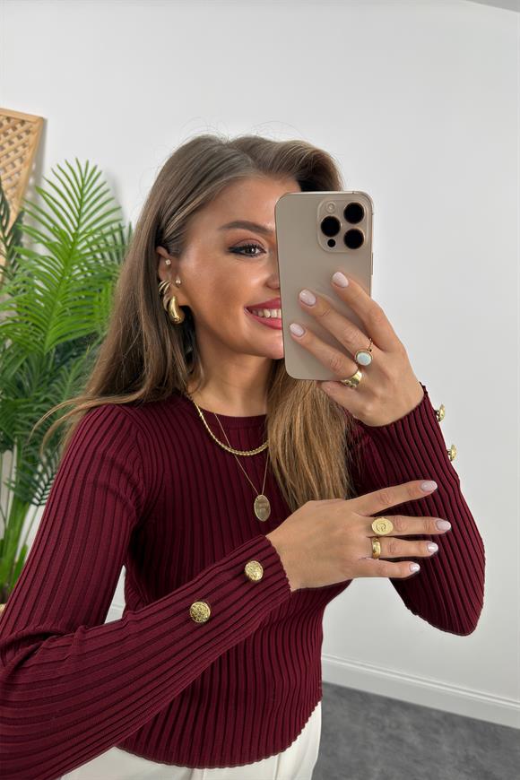 Lüx Kalite Kolu Gold Düğmeli Basic Triko Bordo