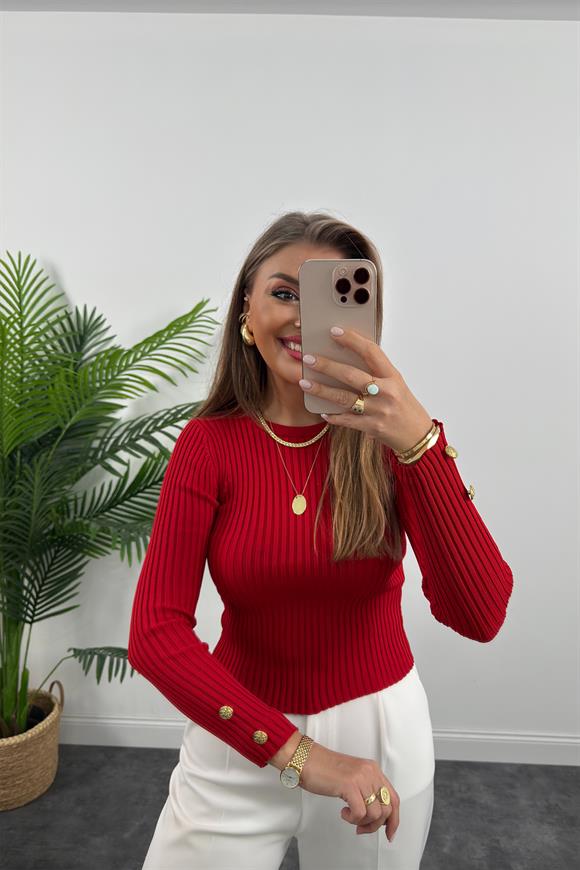 Lüx Kalite Kolu Gold Düğmeli Basic Triko Kırmızı
