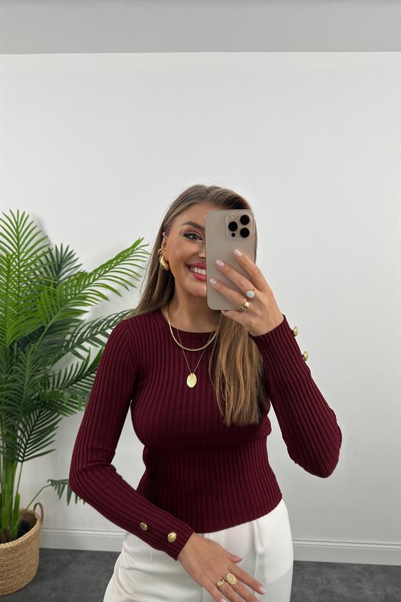Lüx Kalite Kolu Gold Düğmeli Basic Triko Bordo