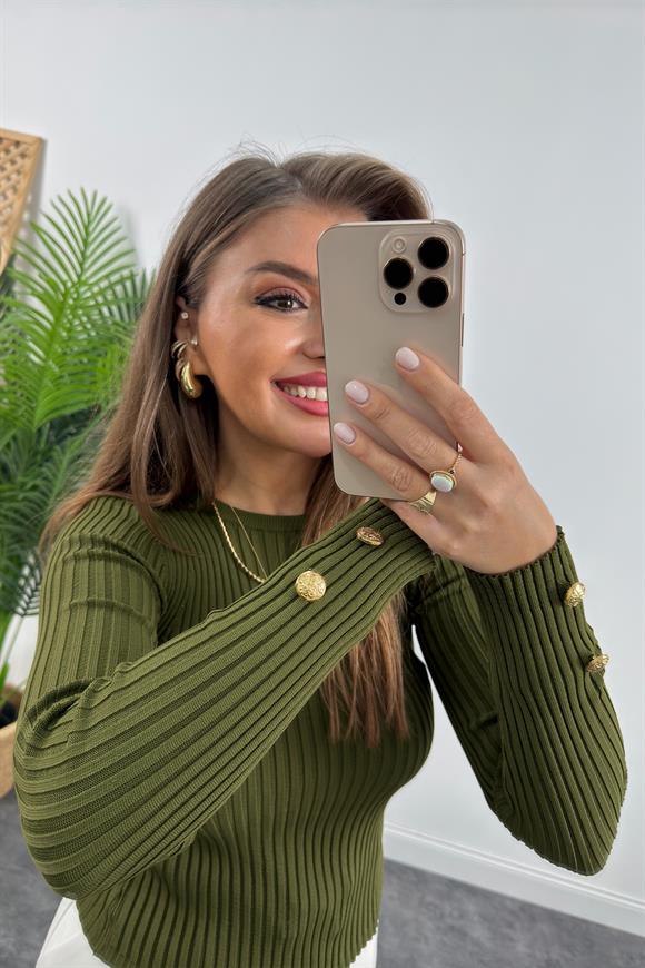 Lüx Kalite Kolu Gold Düğmeli Basic Triko Yeşil