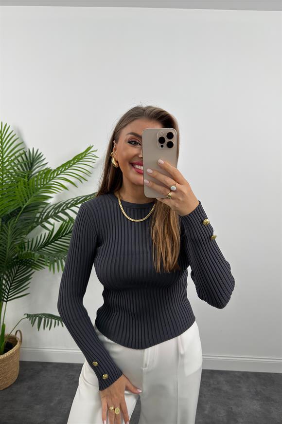 Lüx Kalite Kolu Gold Düğmeli Basic Triko Antrasit