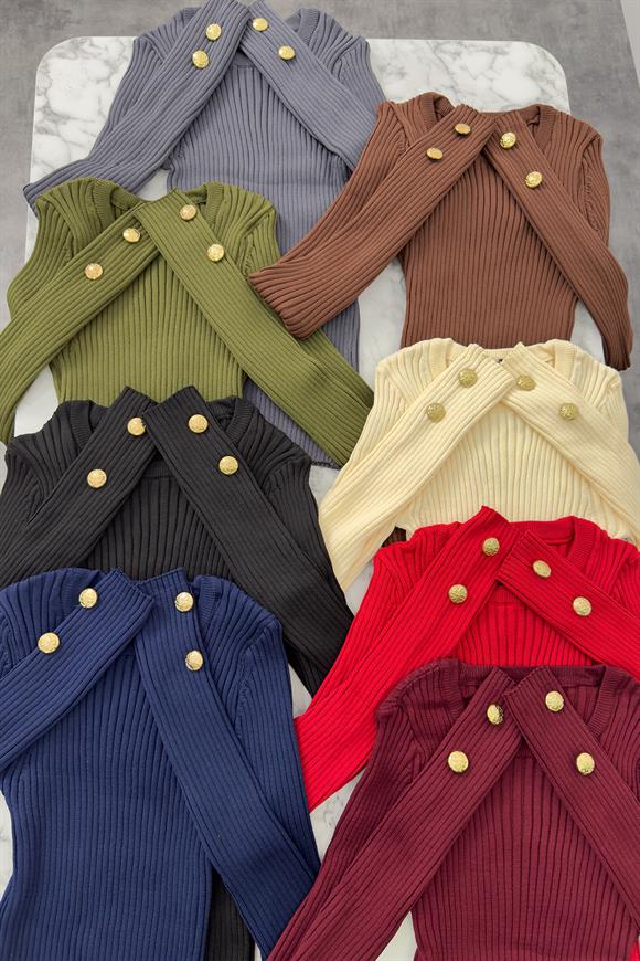 Lüx Kalite Kolu Gold Düğmeli Basic Triko Krem