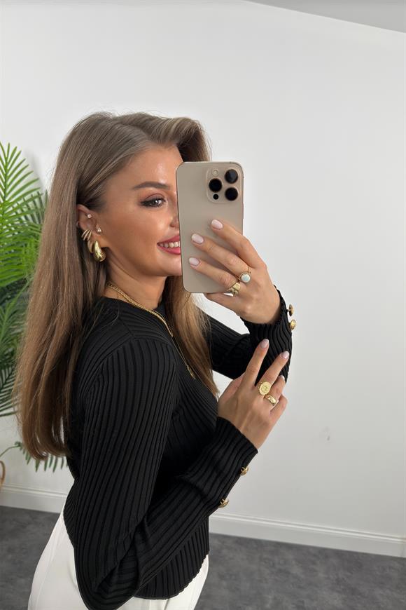 Lüx Kalite Kolu Gold Düğmeli Basic Triko Siyah