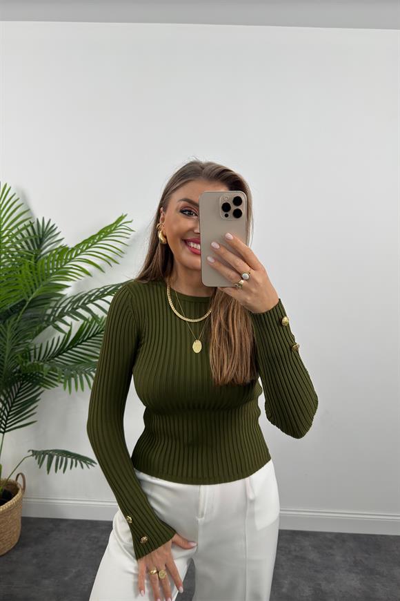 Lüx Kalite Kolu Gold Düğmeli Basic Triko Yeşil