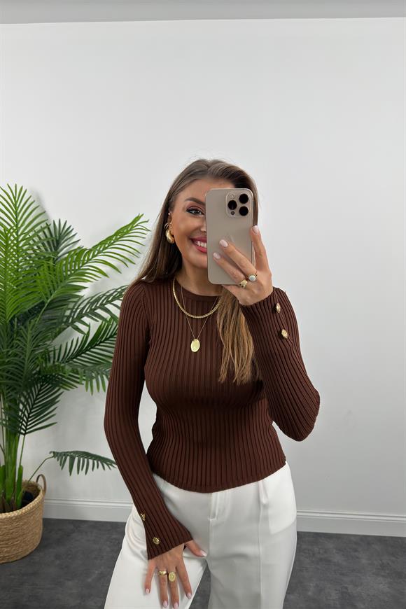 Lüx Kalite Kolu Gold Düğmeli Basic Triko Kahverengi