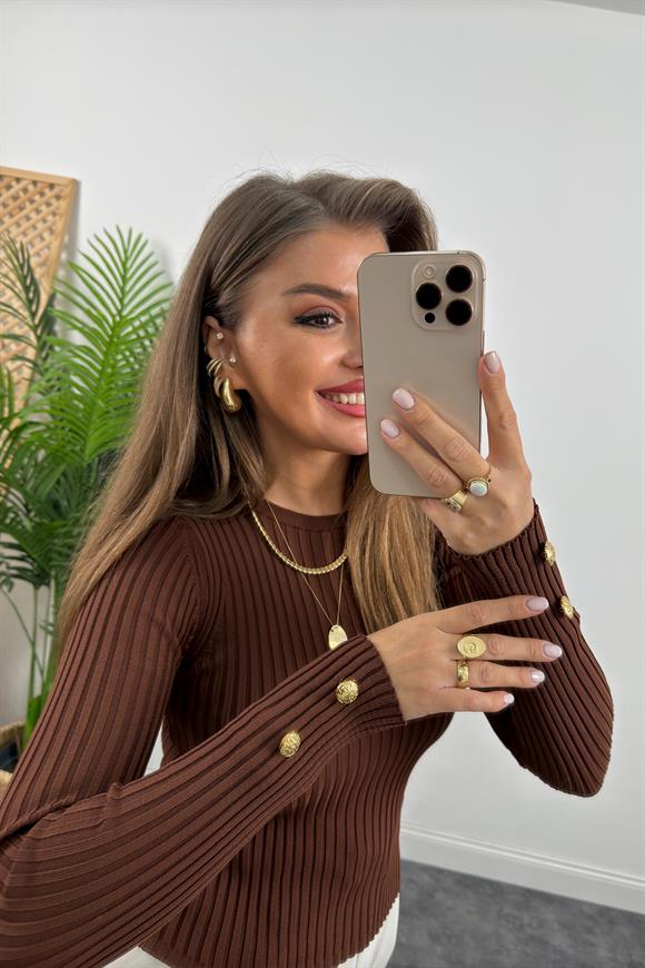 Lüx Kalite Kolu Gold Düğmeli Basic Triko Kahverengi