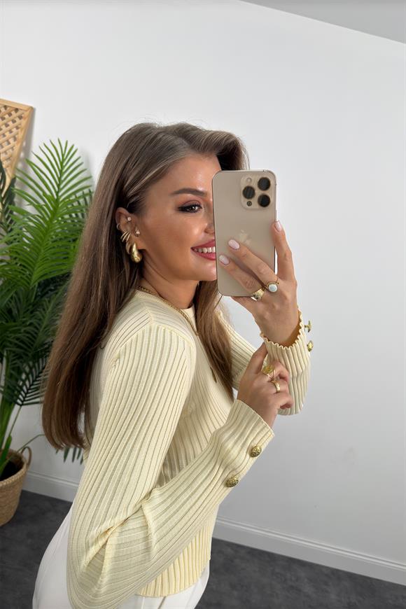 Lüx Kalite Kolu Gold Düğmeli Basic Triko Krem