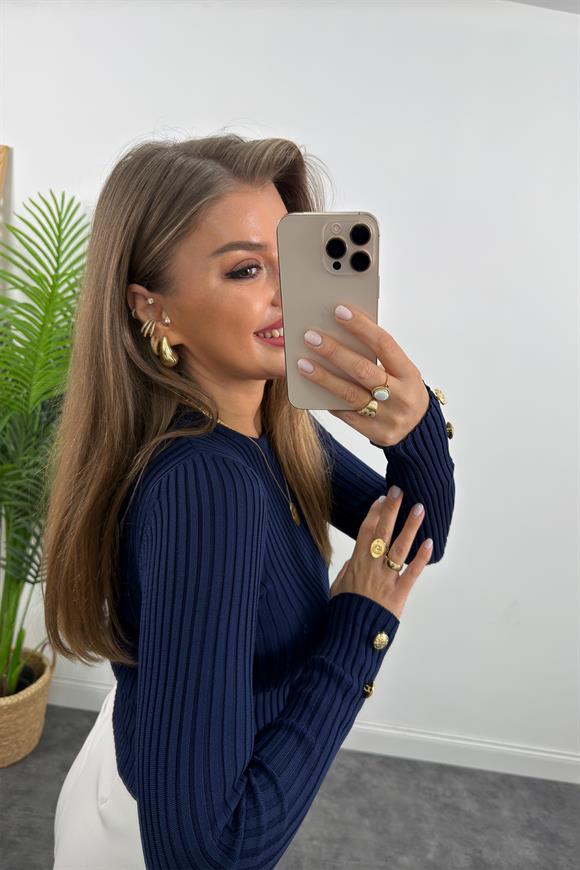 Lüx Kalite Kolu Gold Düğmeli Basic Triko Lacivert