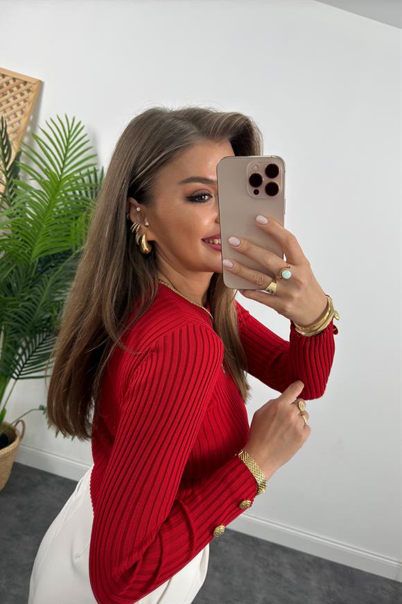 Lüx Kalite Kolu Gold Düğmeli Basic Triko Kırmızı