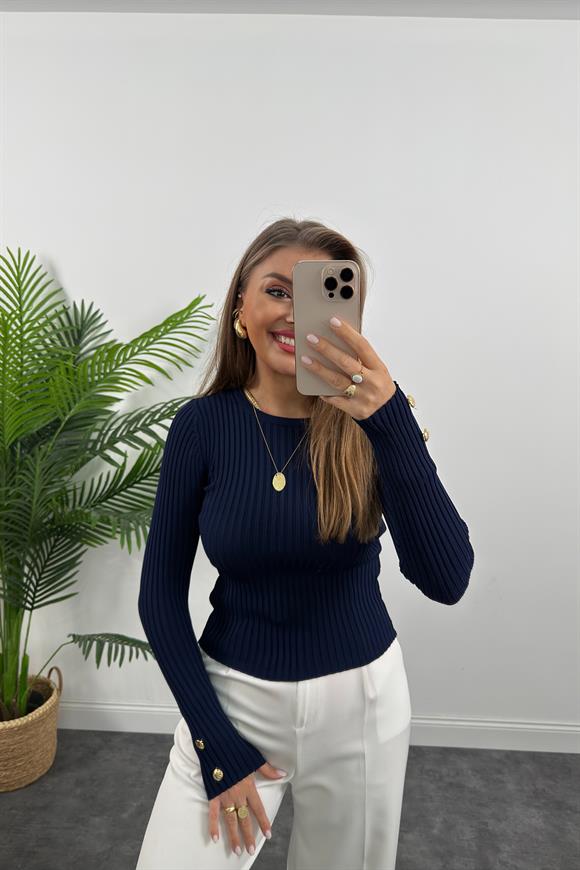 Lüx Kalite Kolu Gold Düğmeli Basic Triko Lacivert