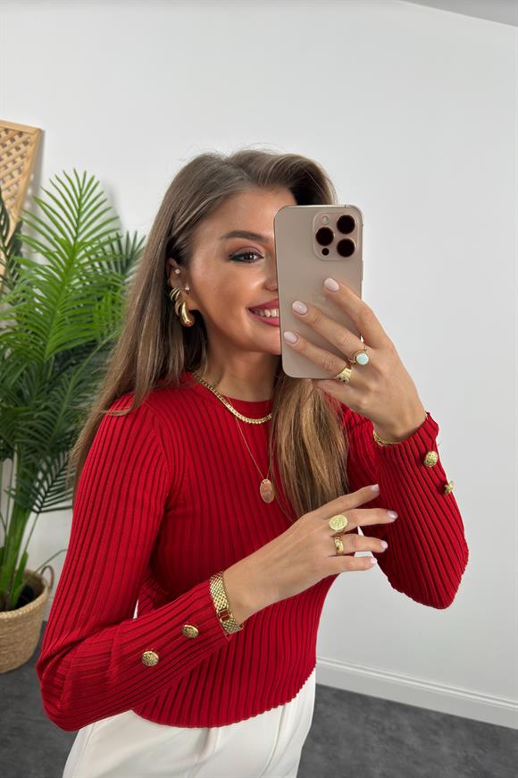 Lüx Kalite Kolu Gold Düğmeli Basic Triko Kırmızı