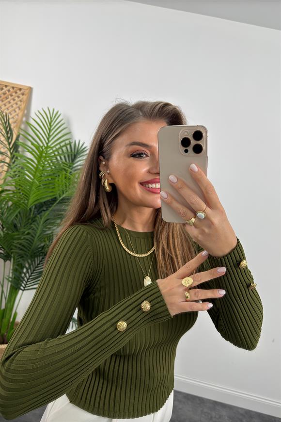 Lüx Kalite Kolu Gold Düğmeli Basic Triko Yeşil