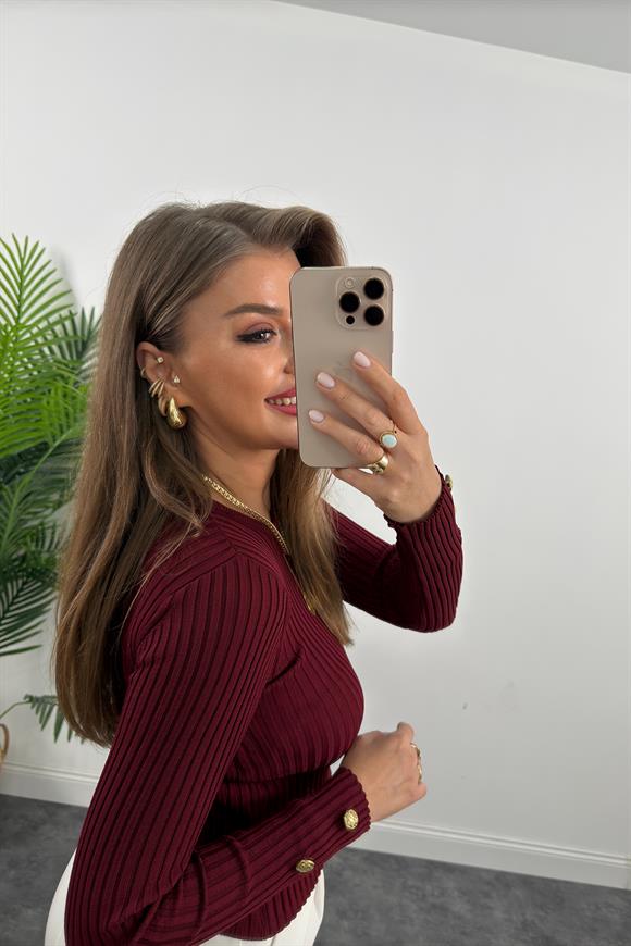 Lüx Kalite Kolu Gold Düğmeli Basic Triko Bordo