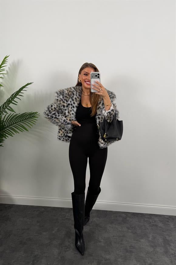 Lüx Kalite Leopar Desenli Vegan İpek Kürk