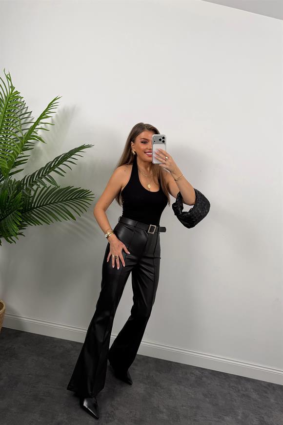 Lüx Kalite Likralı Kemerli İspanyol Paça Deri Pantolon Siyah