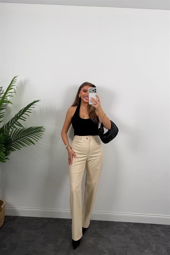 Lüx Kalite Likralı Yumuşak Deri Palazzo Pantolon Taş
