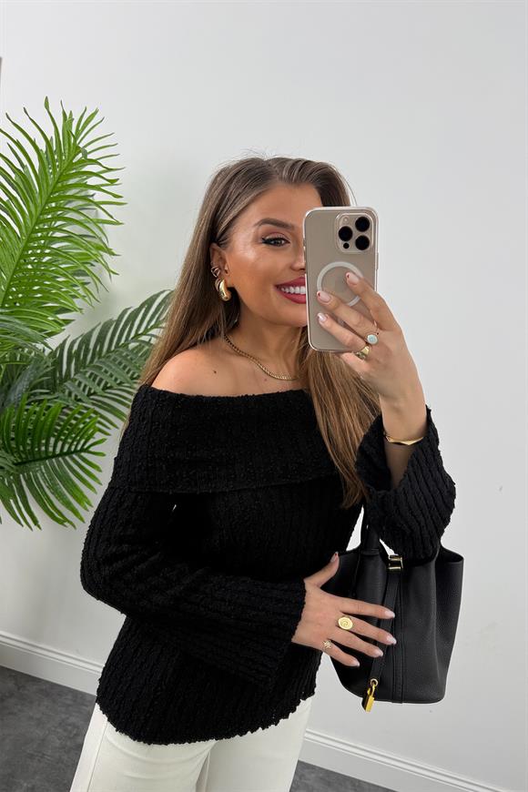 Lüx Kalite Madonna Yaka Baharlık Buklet Triko Siyah 
