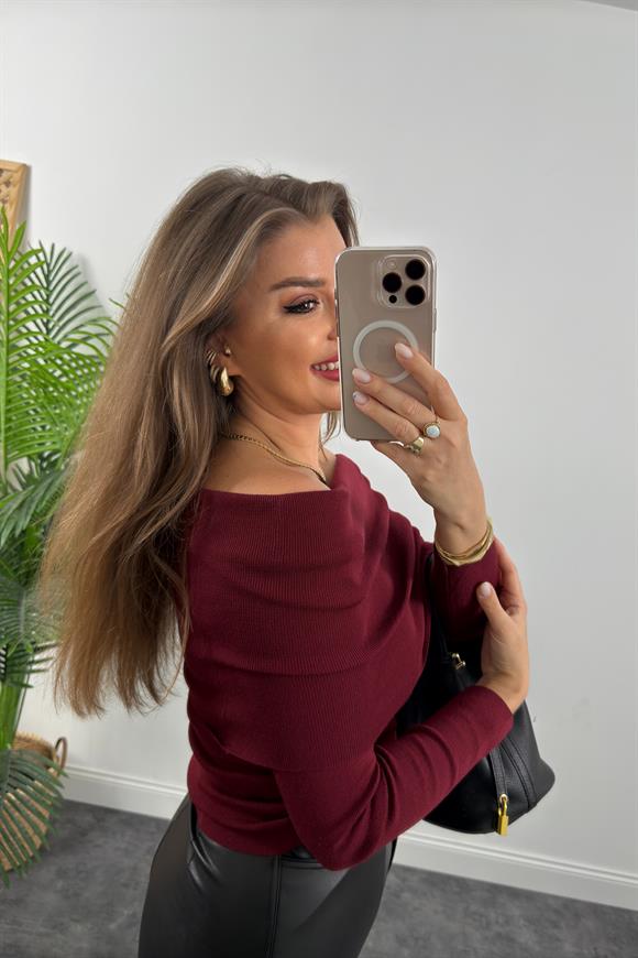 Lüx Kalite Madonna Yaka Elit Triko Kazak Bordo