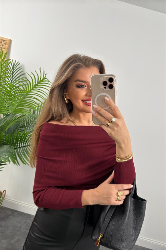 Lüx Kalite Madonna Yaka Elit Triko Kazak Bordo