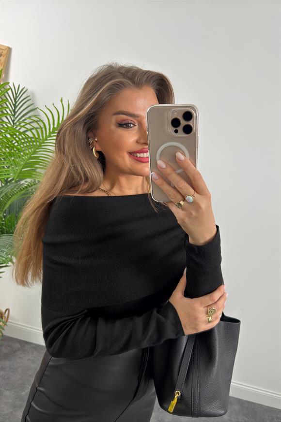 Lüx Kalite Madonna Yaka Elit Triko Kazak Siyah