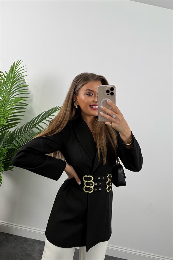 Lüx Kalite Marka Model Gold Kemerli Vatkalı Tasarım Blazer Ceket Siyah