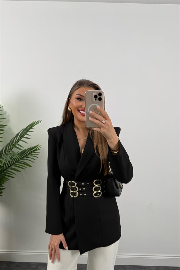Lüx Kalite Marka Model Gold Kemerli Vatkalı Tasarım Blazer Ceket Siyah
