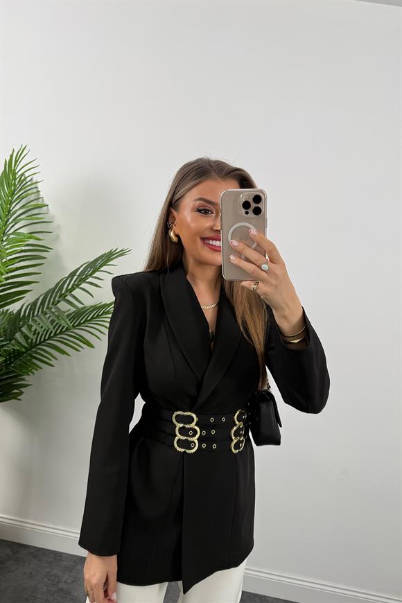 Lüx Kalite Marka Model Gold Kemerli Vatkalı Tasarım Blazer Ceket Siyah